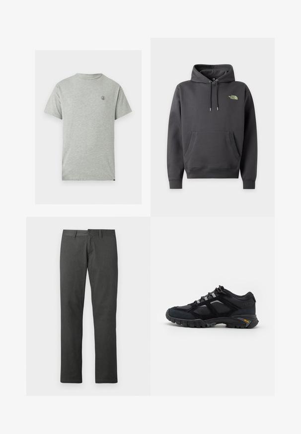 Sweat à capuche gris foncé avec poche avant, cordon à la capuche et petit logo The North Face vert clair sur la poitrine gauche.; T-shirt gris à manches courtes en coton, avec un col rond et un petit logo noir sur le côté gauche de la poitrine. Design simple.; Pantalon en denim gris foncé à coupe droite, avec fermeture par bouton, passants de ceinture et texture subtile. Aucun motif ou accent visible.; Chaussure extérieure noire en daim et en maille avec une semelle robuste. Présente des accents gris et une marque Vibram sur le côté. Design à lacets.