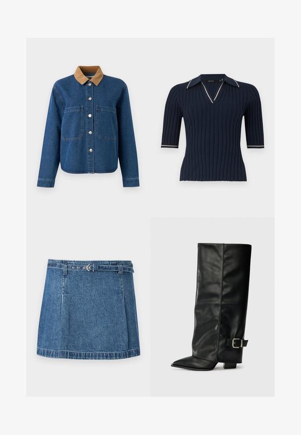 Marineblaues kurzärmliges, geripptes Strickoberteil mit V-Ausschnitt und Kragen mit weißem Besatz an Kragenrändern und Ärmelbündchen.; Jeansjacke mit einem braunen Cordkragen, vorderer Knopfverschluss, zwei großen Brusttaschen und einem lässigen Schnitt. Blaue Stoff mit subtiler Struktur.; Blaue Jeans-Minirock mit abgestepptem Saum und einem dünnen, passenden Gürtel mit silberner Schnalle, flach auf hellem Hintergrund ausgelegt.; Schwarze Lederstiefeletten in Knöchellänge mit spitzem Zehenbereich, glatter Oberfläche und silberner Schnallenakzent an der Seite. Massiver, quadratischer Absatz.