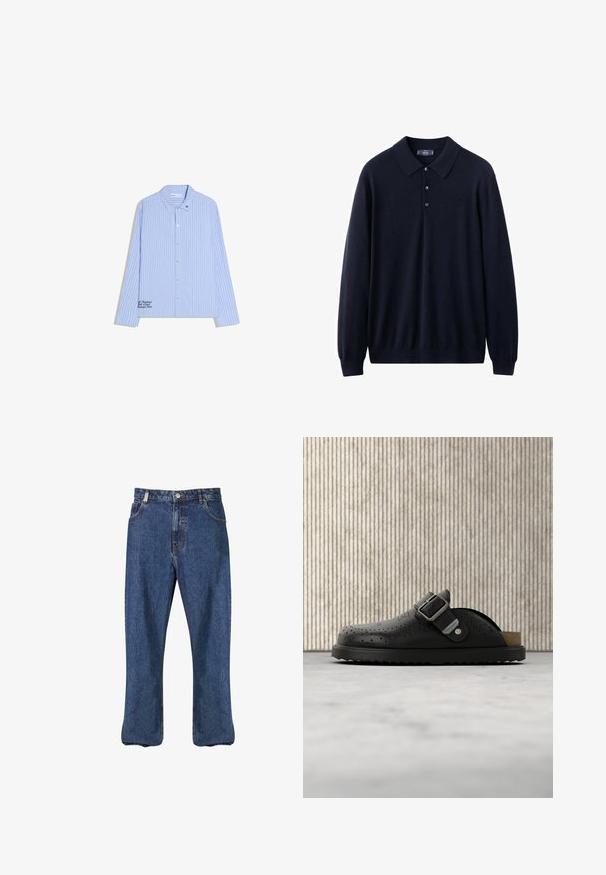 Polo à manches longues bleu marine en tissu doux avec un col classique, une patte de boutonnage à trois boutons, des poignets et un ourlet côtelés.; Chemise à manches longues à rayures verticales bleu et blanc, boutonnée, avec col et petit texte noir brodé près de l'ourlet et du col.; Jean en denim bleu foncé, présentant une coupe droite, un style classique à cinq poches et des coutures visibles le long des coutures.; Sabot noir en cuir sans lacets avec boucle et motif perforé, posé sur un tapis clair près d'une table translucide marron.