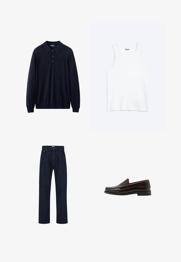 Mørkeblå langærmet poloshirt lavet af blødt stof med klassisk krave, tre-knaps åbning og ribstrikkede manchetter og kant.; Hvid ærmeløs tanktop med rund halsudskæring og Weekday-mærke på den indvendige baghals, vist fladt på lys baggrund.; Mørkeblå lige denim jeans med foran knap- og lynlåslukning, bælteholdere og forlommer.; Mørkebrun læder penny loafer med syet mokkasin tå, lav hæl og glat finish vist i sideprofil på hvid baggrund.
