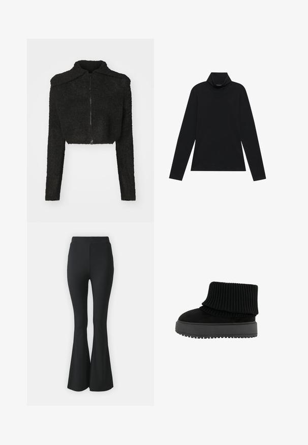 Even&Odd by Zalando Strickjacke - black; Schwarzes langärmeliges Rollkragenshirt. Weicher Stoff, enganliegendes Design, hoher Kragen und seitliche Nähte. Schlichter und vielseitiger Stil, der sich gut für das Layering eignet.; Schwarze ausgestellte Hosen aus elastischem Stoff. Sie haben einen hohen Bund und ein glattes, eng anliegendes Design, das ab dem Knie nach unten ausgestellt ist.; Schwarze Knöchelstiefel mit einem gerippten Strickkragen und einer flachen, strukturierten Sohle. Hergestellt aus einer Kombination aus Wildleder und elastischen Materialien.