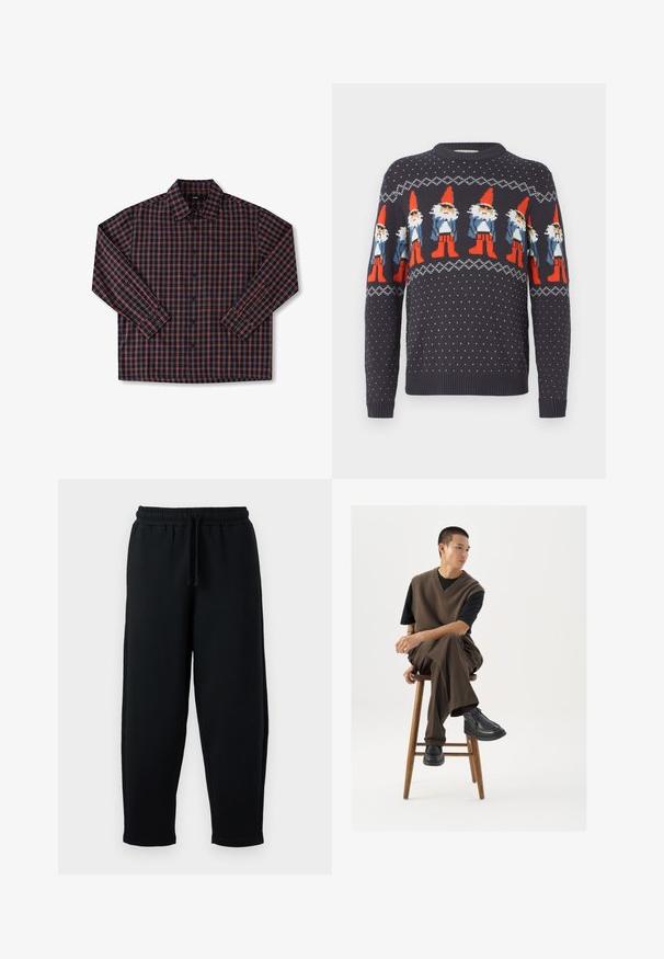 Marineblå sweater med nissemotiver og prikker. Fremstillet af strikstof, med rund halsudskæring og ribbede manchetter.; Herre langærmet skjorte med en marineblå bund og rød-hvidternet mønster, knaplukning foran og klassisk krave. Fremstillet i bomuldsstof.; Sorte sweatpants med elastisk talje og snøre. Lavet af blødt stof, med en afslappet pasform og tapered ben-design.; Brun strikket vest over en sort t-shirt, parret med brune vidde bukser og sorte chunky sko, siddende på en træstub.