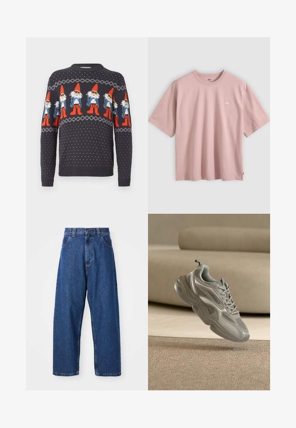 Marineblå sweater med nissemotiver og prikker. Fremstillet af strikstof, med rund halsudskæring og ribbede manchetter.; Lyserød kortærmet bomulds-T-shirt med rund hals og lille rektangulært logo på venstre bryst, vist på ensfarvet baggrund.; Denimwide-leg jeans i mørkeblå. Har høj talje, bæltestropper og klassisk fem-lommers design. Syet kant med en ren finish.; Lysegrå chunky sneakers med mesh- og læderdetaljer, snørebånd bundet, vist flydende over et beige struktureret tæppe indendørs.