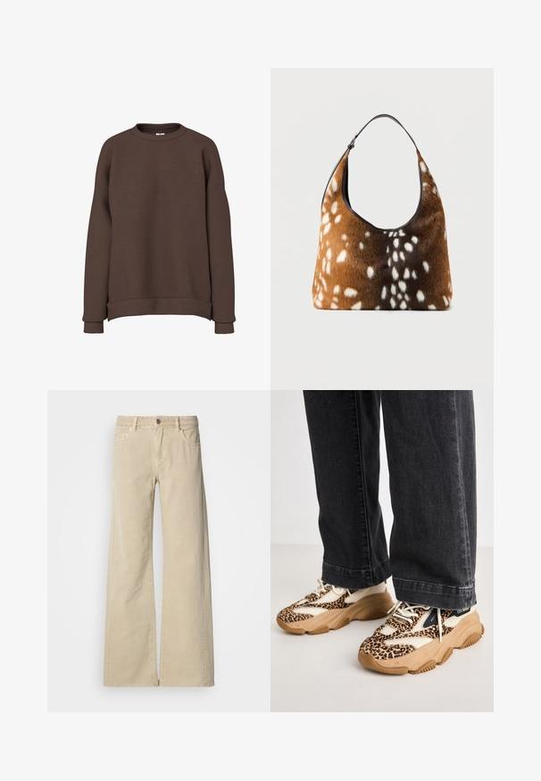 Brun langærmet sweatshirt med rund halsudskæring, ribstrikkede ærmer og kant, vist på hvid baggrund.; Beige højtaljede bukser med vide ben, forrest med knap, lynlås, bæltestropper og stil med fem lommer.; Sneakers med leopardprint og mesh- og læderpaneler, tan-gummisål og kontrasterende sorte accenter. Båret med løstsiddende mørke jeans.; Brun og sort håndtaske med hvid pletskindtekstur og en enkelt sort skulderrem på en ensfarvet baggrund.