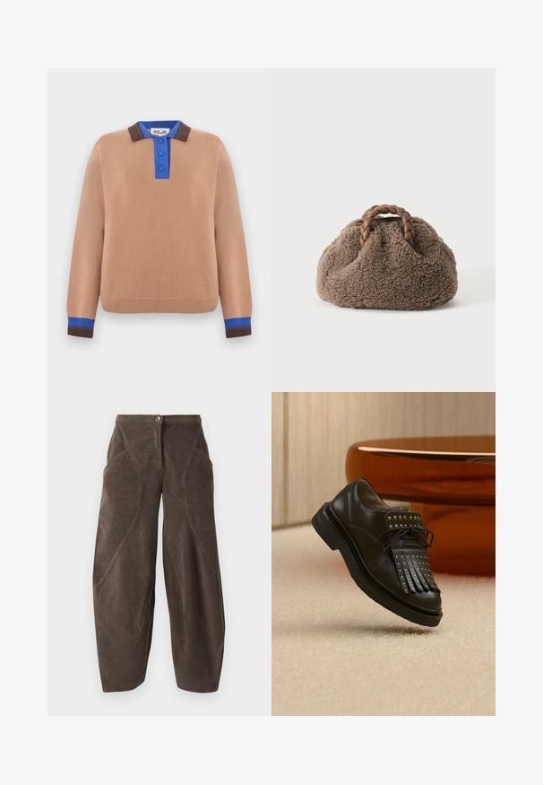 Camel-langærmet sweater med blå og brune ribkantkrave, blå knaplukning og matchende blå og brune ribmanchetter.; Brune bredbenede fløjlsbukser med høj talje, frontknaplukning og skrå sømdetaljer på benene.; Sort læder snøresko med dekorativ frynse og metalnitter placeret på beige tæppe nær brunt møbel.; Lille brun, fluffy håndtaske med flettede læderhåndtag på en ensfarvet lys baggrund.