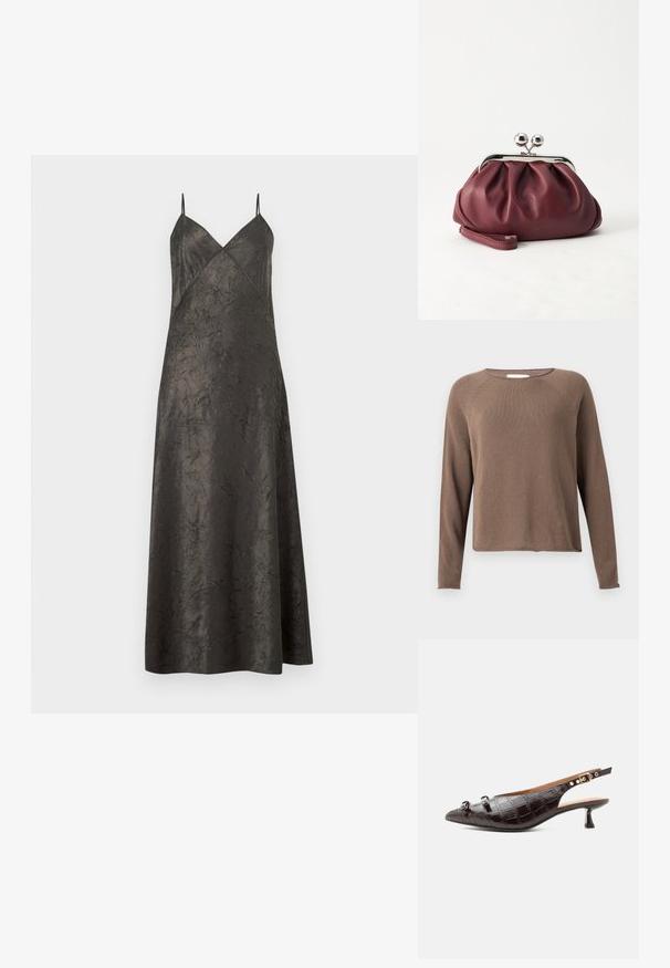 Pull tricot marron à manches longues avec col rond et ourlet droit sur un fond clair uni.; Robe maxi en satin noir froissé avec des fines bretelles spaghetti et un décolleté en V avec des panneaux avant superposés.; Escarpin à bride arrière en cuir embossé effet croco brun foncé, avec bout pointu, petit talon carré, deux nœuds décoratifs et bride ajustable avec boucle dorée.; Petit sac pochette en cuir bordeaux avec fermoir métallique argenté et bracelet sur fond blanc.