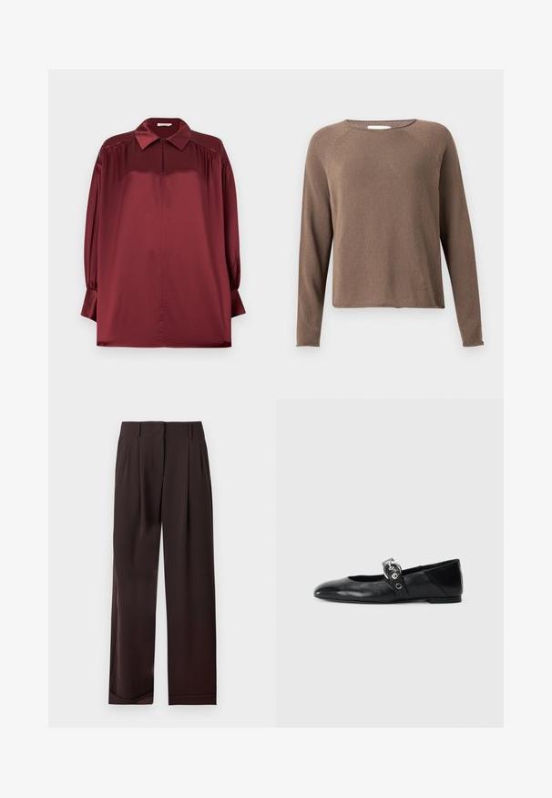 Pull tricot marron à manches longues avec col rond et ourlet droit sur un fond clair uni.; Blouse en satin bordeaux à manches longues avec col pointu, épaules plissées et poignets boutonnés sur un fond uni.; Pantalon marron foncé droit avec passants de ceinture et plis à l'avant, présenté à plat sur fond blanc.; Ballerines en cuir noir avec un bout pointu, dotées d'une sangle avec une boucle métallique circulaire et d'une semelle plate.