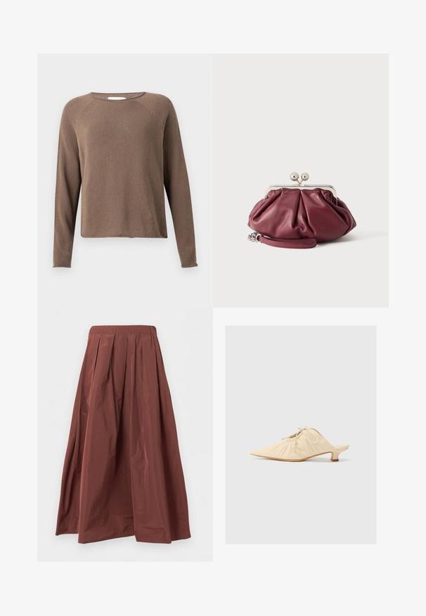 Bruine gebreide trui met lange mouwen, ronde hals en rechte zoom op een eenvoudige lichte achtergrond.; Bruine geplooide maxi-rok met hoge taille en brede zoom, gemaakt van lichtgewicht stof, getoond tegen een eenvoudige witte achtergrond.; Crème-kleurige leren instap schoenen met een spitse neus, geplooide details aan de voorkant en een korte blokhak.; Kleine bordeauxrode leren clutch met zilveren metalen gesp en polsriem op een witte achtergrond.