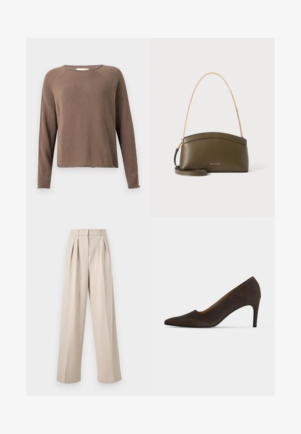 Pull tricot marron à manches longues avec col rond et ourlet droit sur un fond clair uni.; Pantalon large beige taille haute avec plis à l'avant, passants pour ceinture et fermeture avant dissimulée.; Chaussure à talons hauts brun foncé à bout pointu, finition lisse et talon fin sur un fond clair uni.; Sac à main Michael Kors vert olive avec bandoulière en chaîne dorée, dessus courbé et petit logo doré sur le devant, présenté sur fond blanc.