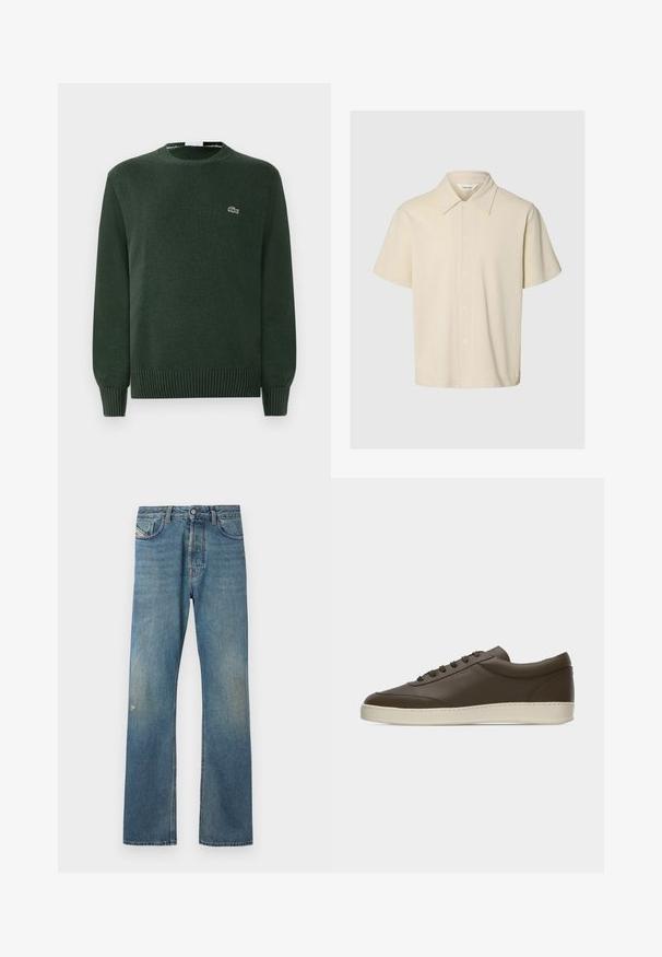 Pull en laine vert avec un col rond, des poignets et un ourlet côtelés, arborant un petit logo de crocodile brodé sur la poitrine.; Chemise beige à manches courtes avec boutons, col pointu, tissu lisse et étiquette de marque "Selected" à l'intérieur de l'encolure.; Jeans en denim bleu avec une coupe droite, présentant un léger délavage, des poches avant et une fermeture à bouton à la taille.; Baskets basses en cuir marron foncé avec lacets sur le devant et semelle en caoutchouc couleur crème, vues de côté extérieur sur fond blanc.
