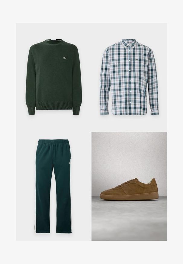 Grøn strikket sweater med rund hals, ribbede manchetter og kant, og med et lille broderet krokodillelogo på brystet.; Langærmet skjorte med knapper i et ternet mønster med grønne, blå og hvide farver; har krave og et Lacoste-logo på brystet.; Mørkegrønne sweatpants med elastisk hænger og hvide striber, der løber ned ad ydersiden af benene.; Brun ruskindsneaker med tanfarvede snørebånd og gummisål. Har en rundet snude og synlige stikninger på overdelen. Letvægtsdesign.