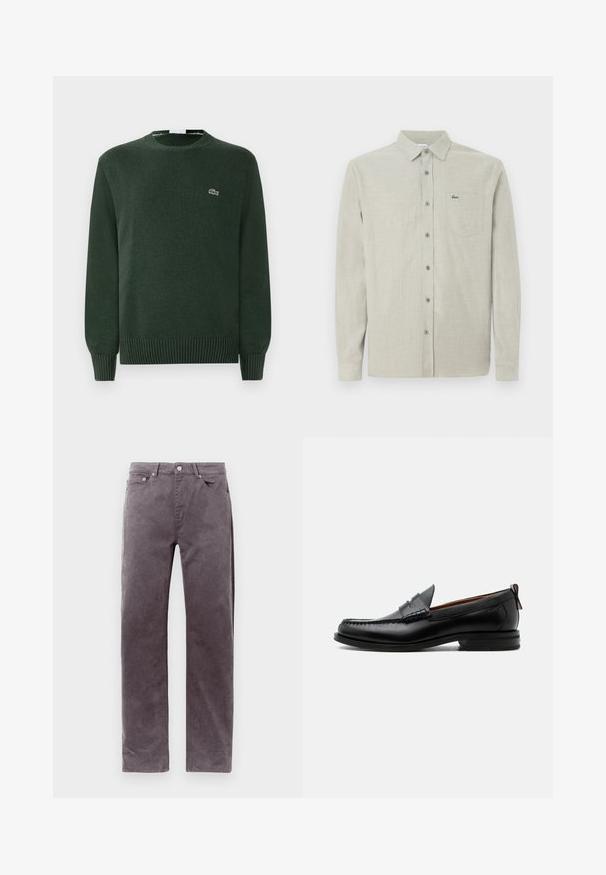 Pull en laine vert avec un col rond, des poignets et un ourlet côtelés, arborant un petit logo de crocodile brodé sur la poitrine.; Chemise boutonnée à manches longues de couleur beige clair avec col, poche poitrine et un petit logo de crocodile vert.; Pantalon en velours côtelé marron à jambe droite avec poches avant et passants de ceinture, présenté sur un fond blanc uni.; Mocassin homme en cuir noir avec couture moc toe, bride penny, col texturé et petit talon empilé sur fond blanc.