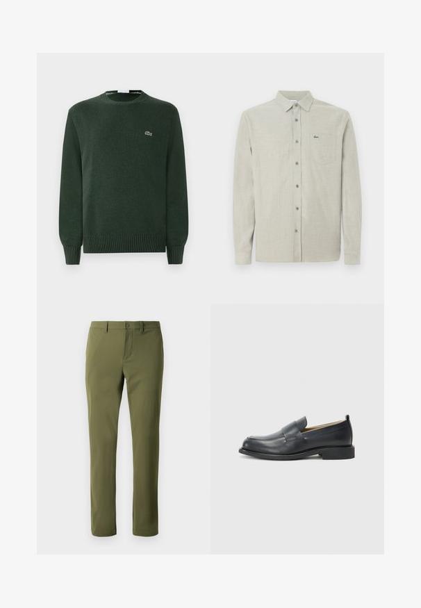 Pull en laine vert avec un col rond, des poignets et un ourlet côtelés, arborant un petit logo de crocodile brodé sur la poitrine.; Chemise boutonnée à manches longues de couleur beige clair avec col, poche poitrine et un petit logo de crocodile vert.; Pantalons verts olive en tissu lisse avec une coupe droite, dotés d'une fermeture à bouton et de passants de ceinture. Pas de motifs ni d'accents visibles.; Mocassins en cuir noir avec une finition lisse, une semelle plate et un bout arrondi, ornés d'une sangle décorative sur le dessus.