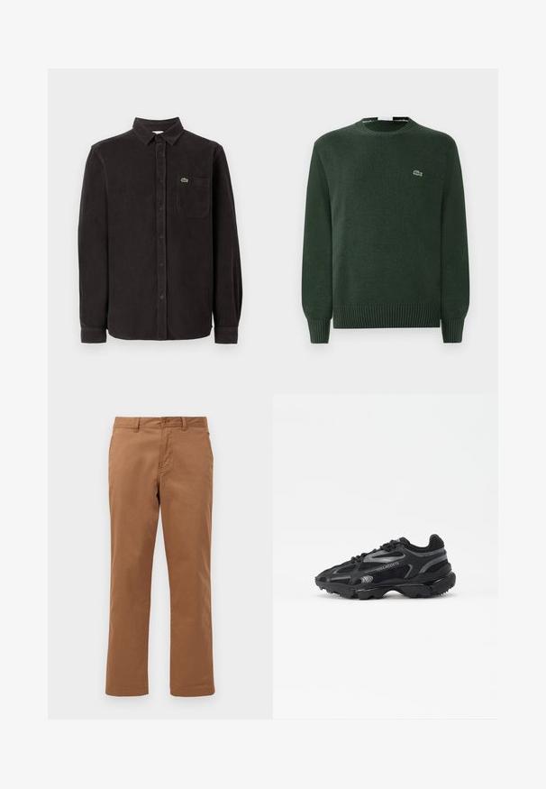 Pull en laine vert avec un col rond, des poignets et un ourlet côtelés, arborant un petit logo de crocodile brodé sur la poitrine.; Chemise en velours côtelé noire à manches longues, avec un col boutonné, une poche à l'avant et un petit logo vert sur le côté supérieur gauche.; Pantalons en coton marron avec un design à jambes droites, dotés d'une fermeture à bouton et de poches avant. Texture lisse et finition soignée.; Baskets de sport noires avec tige en mesh et synthétique. Comprend une semelle texturée, des accents réfléchissants et un talon renforcé.