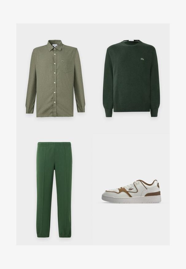 Suéter de punto verde con cuello redondo, puños y dobladillo acanalados, que presenta un pequeño logo bordado de cocodrilo en el pecho.; Camisa de cuadros verdes de botones con cuello, mangas largas y un pequeño logo de Lacoste en el lado izquierdo del pecho. Hecha de un tejido ligero.; Pantalones de chándal verdes hechos de una tela suave; cuentan con una cintura elástica, perneras ajustadas y un pequeño logo en el lado.; Zapatilla baja blanca y marrón con cordones delanteros, logo del cocodrilo de Lacoste en el lateral y suela blanca gruesa con el nombre de la marca en relieve.
