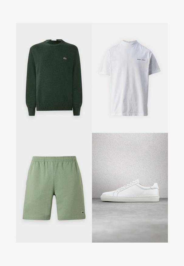 Grüner Strickpullover mit rundem Hals, gerippten Bündchen und Saum, mit einem kleinen gestickten Krokodil-Logo auf der Brust.; Weißes Baumwoll-T-Shirt mit hohem Ausschnitt und kurzen Ärmeln. Mit schwarzem "SAMSØE SAMSØE" Logo auf der Vorderseite. Glatte Textur.; Grüne Baumwollshorts mit elastischem Bund, lässiger Passform und kleinem gesticktem Logo auf der unteren linken Seite. Glatte Textur, keine Taschen.; Weißer Sneaker mit glattem Lederobermaterial und niedrigem Profil. Verfügt über eine runde Zehenpartie, sechs Ösen und eine strukturierte Gummisohle.