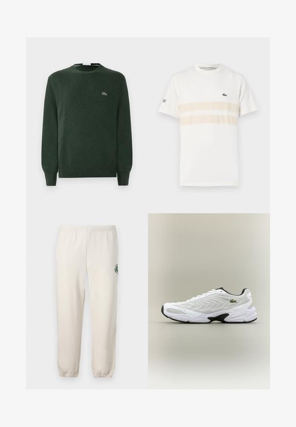 Suéter de punto verde con cuello redondo, puños y dobladillo acanalados, que presenta un pequeño logo bordado de cocodrilo en el pecho.; Camiseta de algodón blanca con dos franjas horizontales beige, pequeño logo bordado en el pecho y cuello redondo. Mangas cortas.; Pantalones de chándal de color beige claro, hechos de algodón, con una cinturilla elástica, puños acanalados y un logo verde con diseño de hoja en la pierna izquierda.; Zapatilla deportiva blanca con parte superior de malla texturizada, diseño curvado y suela exterior negra en contraste. Presenta un logo verde bordado en el lateral.