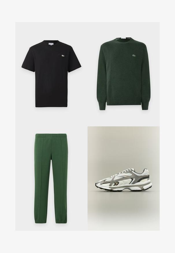Pull en laine vert avec un col rond, des poignets et un ourlet côtelés, arborant un petit logo de crocodile brodé sur la poitrine.; T-shirt noir en coton avec un col rond. Il présente un petit logo Lacoste brodé en vert et blanc sur la poitrine. Manches courtes, coupe régulière.; Pantalons de survêtement verts en tissu doux ; dotés d'une taille élastique, de jambes fuselées et d'un petit logo sur le côté.; Chaussure de sport avec une tige en mesh blanc, des accents gris, une semelle en caoutchouc noire et un design épuré. Elle présente des lacets et des détails texturés.