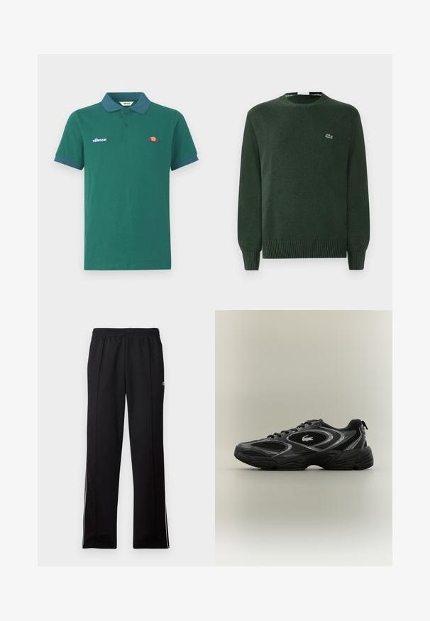 Groene gebreide trui met een ronde hals, geribbelde manchetten en zoom, met een klein geborduurd krokodillenlogo op de borst.; Groene polo shirt van katoen met een contrasterende blauwe kraag en manchetten. Heeft een geborduurd logo en een klein kleurrijk ontwerp op de borst.; Zwarte sportleggings van volledige lengte met een elastische tailleband en witte zijstrepen, met een klein groen logo aan de bovenkant.; Zwarte en grijze sport sneaker met meshpanelen, vetersluiting, dikke zool en een klein krokodillologo aan de zijkant.