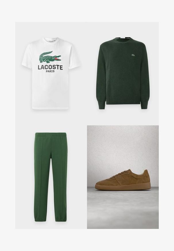 Zelený pletený sveter s okrúhlym výstrihom, ribbed manžetami a lemom, s malým vyšitým logom krokodíla na hrudi.; Lacoste Tričko s potlačou - white; Zelené teplákové nohavice vyrobené z mäkkej tkaniny; majú elastický pás, zúžené nohavice a malé logo na boku.; Hnedá semišová teniska s béžovými šnúrkami a gumovou podrážkou. Má zaoblenú špičku a prešívané detaily na zvršku. Ľahká konštrukcia.