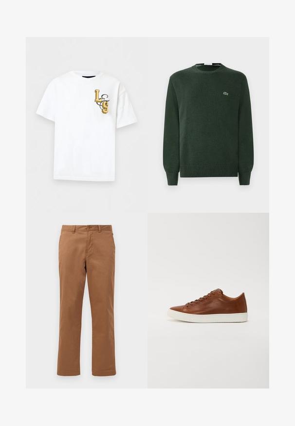 Pull en laine vert avec un col rond, des poignets et un ourlet côtelés, arborant un petit logo de crocodile brodé sur la poitrine.; T-shirt blanc à manches courtes avec des lettres jaunes en style 3D "L" et "S" et un motif tourbillonnant noir sur la zone gauche de la poitrine.; Pantalons en coton marron avec un design à jambes droites, dotés d'une fermeture à bouton et de poches avant. Texture lisse et finition soignée.; Baskets en cuir brun avec un bout arrondi, semelle en caoutchouc blanc et lignes épurées. Présente une fermeture lacée et un logo discret sur le côté.