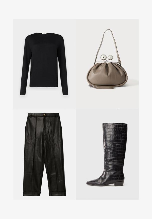 Sort langærmet skjorte med rund halsudskæring, lavet af blødt stof. Har et enkelt design uden pynt eller mønstre.; AERON ZIMA PANTS - Skindbukser - black; Sorte læder knæhøje støvler med krokodilleskindsstruktur, spids tå og lav blokhælar. Har subtil branding nær anklen.; Grå læderhåndtaske med rundet form, toplås med to store sølvkugler og en enkelt strop.