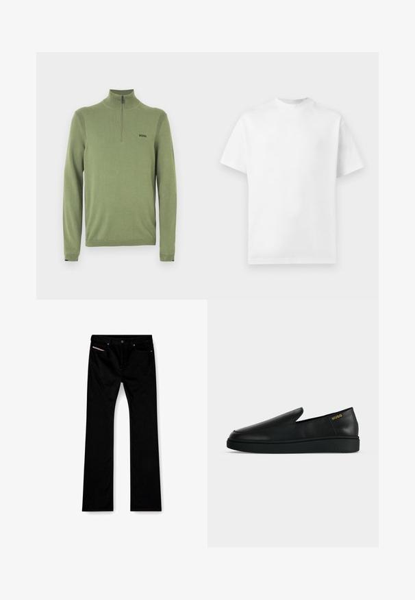 Groene trui met een hoge hals en een halve ritssluiting. Heeft geribbelde accenten op de schouders en een zwart 'BOSS' logo op de borst.; Effen wit T-shirt met korte mouwen en ronde hals, plat gelegd zonder zichtbare logo's of patronen.; Zwarte straight-leg jeans met een knoop en ritssluiting aan de voorkant, voor- en achterzakken, en een wit label zichtbaar in de rechter voorzak.; Enkele zwarte leren instapschoen met dikke zool en goudkleurige "HUGO"-branding nabij de hiel op een effen lichtgrijze achtergrond.