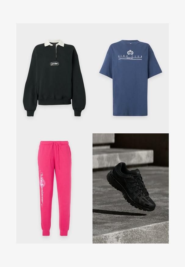 Sort sweatshirt med lange ærmer, hvid krave, kvart lynlås foran og et centralt logo-patch. Blødt stof med ribkant ved ærmer og kant.; Marineblå kortærmet T-shirt med hvid "NIKE CLUB SINCE 1972" tekst og emblem centreret på brystet.; Lyserøde sweatpants lavet af blødt stof, med snor i taljen, tapered cuffs og hvid grafisk tekst på venstre ben.; Sort atletiksko med mesh-overdel, gummisål og indviklet snøredesign; har en let bue og Nike-branding.