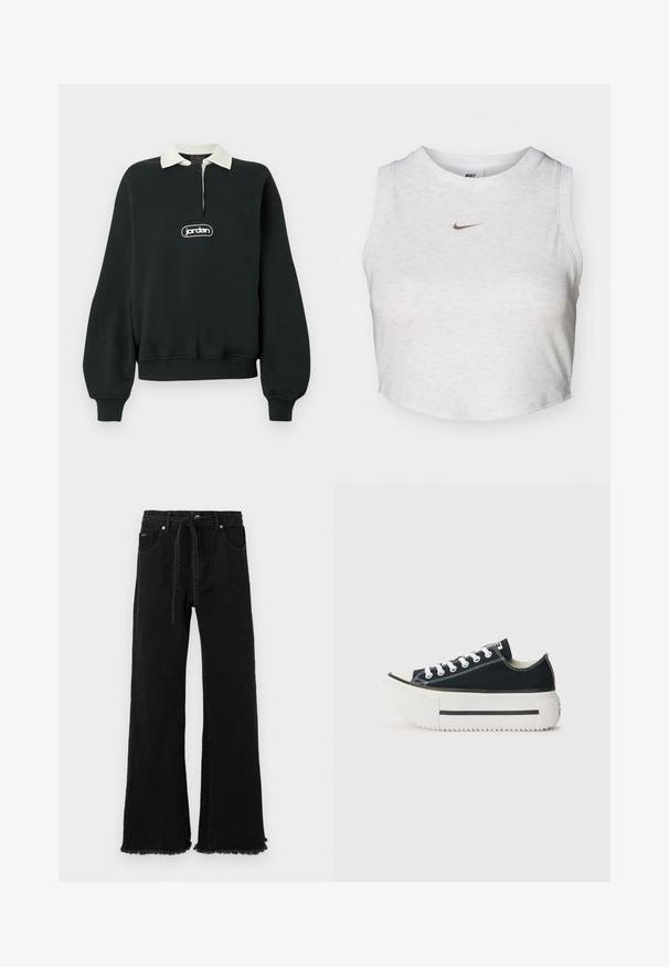 Schwarzer Pullover mit langen Ärmeln, weißem Kragen, Viertel-Reißverschluss vorne und einem zentralen Logoaufnäher. Weicher Stoff mit gerippten Bündchen und Saum.; Weißes Crop-Top aus weichem, strukturiertem Stoff. Verfügt über einen runden Ausschnitt und einen ärmellosen Schnitt mit einem kleinen goldenen Nike-Logo auf der Vorderseite.; Schwarze Jeans-Hosen mit weitem Bein, hoher Taille, Kordelzug, fransigem Saum und fünf Taschen. Hergestellt aus robustem, strukturiertem Stoff.; Schwarze Canvas-Sneaker mit einer weißen Gummisohle, die eine dicke Plateausohle, weiße Schnürsenkel und kontrastierende Nähte entlang der Nähte aufweisen.