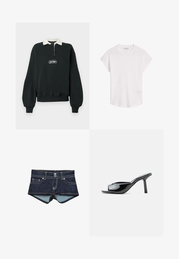 Sweat-shirt noir à manches longues, col blanc, fermeture éclair quart de devant, et un patch logo central. Tissu doux avec poignets et ourlet côtelés.; T-shirt blanc à manches courtes avec col rond, ourlet légèrement incurvé et étiquette de marque visible à l'intérieur du col.; Shorts en jean bleu foncé avec une doublure intérieure bleu clair, présentant des poches avant, deux boutons et une couture contrastée au niveau de la taille.; Mule ouverte à orteils noirs brillants avec un talon carré mi-haut et une bride incurvée sur le devant, sur fond blanc.