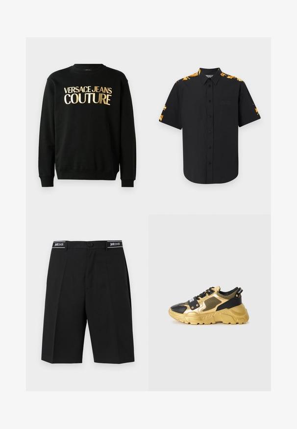 Sweatshirt noir en mélange de coton et de polyester, avec un texte imprimé en or "VERSACE JEANS COUTURE" sur le devant dans une police en gras.; Chemise noire à manches courtes avec boutons, ornée d'un motif baroque jaune et orange sur les épaules et les manches, logo Versace Jeans Couture sur la poitrine.; Shorts noirs sur mesure longueur genou avec plis devant et une ceinture comportant des logos "Just Cavalli" sur les passants de ceinture.; Baskets noires et dorées avec un dessus en maille, une semelle épaisse et des accessoires décoratifs. Présente un patch logo bien en évidence au niveau du laçage.