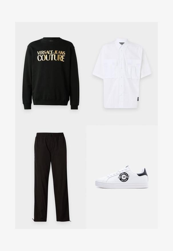Musta college-paita, joka on valmistettu puuvilla-polyesteriseoksesta, ja jossa on näyttävä kultapainatus "VERSACE JEANS COUTURE" etuosassa paksulla fontilla.; Valkoinen lyhythihainen paita, jossa on napitus, kaksi etupuolen taskua läpällä ja brändilogo sivussa. Sileä pinta ja rento istuvuus.; Mustat kevyet housut, joissa on joustava vyötärö, kiristysnauha ja vetoketjulliset lahkeet säädettävään istuvuuteen. Sujuva, sleek-tuntu.; Valkoinen matalakärkinen lenkkarit mustalla kantapäälenkillä, musta pyöreä "Versace Jeans Couture" -logo sivulla, valkoiset nauhat ja pohjassa kohokuvioitu teksti.