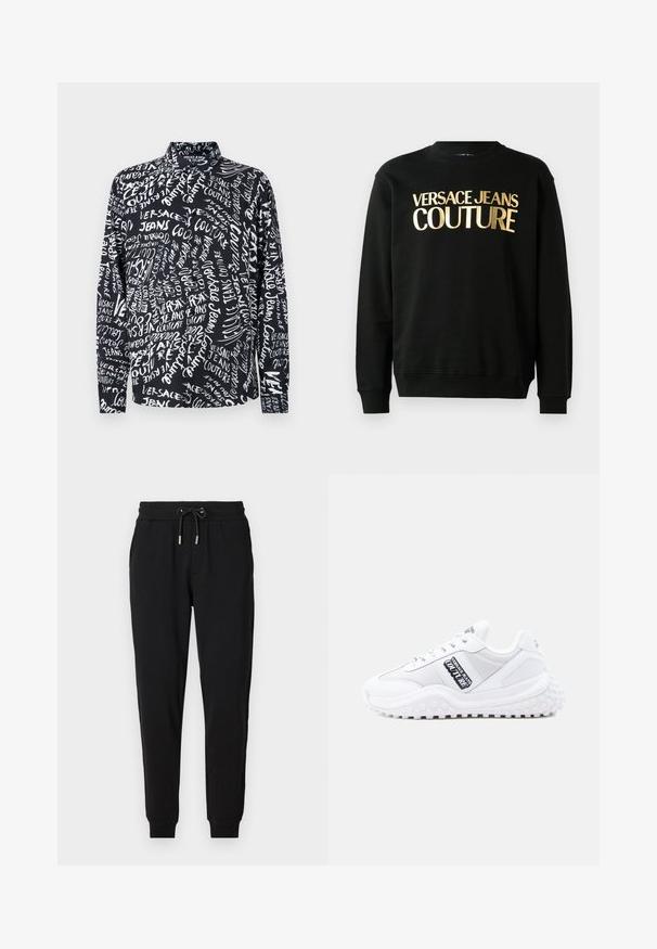Schwarzer Kapuzenpullover aus einer Baumwoll-Polyester-Mischung, versehen mit dem goldenen Druck "VERSACE JEANS COUTURE" auf der Vorderseite in einer markanten Schriftart.; Schwarzes Langarmshirt mit weißem "Versace Jeans Couture"-Schriftzug in verschiedenen Schriftarten und Größen, mit hohem Kragen und entspannter Passform.; Schwarze Sweatpants mit elastischem Bund, verstellbarem Kordelzug, Seitentaschen und schmal zulaufenden Beinen. Hergestellt aus weichem, dehnbarem Stoff.; Weiße Sportsneaker mit strukturiertem Profil, Mesh- und Kunststoffeinsätzen sowie schwarzen Logo-Akzenten an der Seite. Abgerundete Spitze und Schnürdesign.