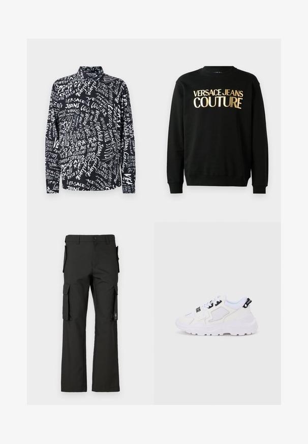 Schwarzer Kapuzenpullover aus einer Baumwoll-Polyester-Mischung, versehen mit dem goldenen Druck "VERSACE JEANS COUTURE" auf der Vorderseite in einer markanten Schriftart.; Schwarzes Langarmshirt mit weißem "Versace Jeans Couture"-Schriftzug in verschiedenen Schriftarten und Größen, mit hohem Kragen und entspannter Passform.; Schwarze Cargo-Hose mit geradem Bein, ausgestattet mit mehreren Seitentaschen und einem Knopfverschluss. Hergestellt aus strapazierfähigem Gewebe mit glatter Textur.; Weiße Sportsneaker mit klobiger Sohle, Obermaterial aus Mesh und Synthetik, schwarzen Akzentdetails und Schnürsenkeln. Strukturierte Gestaltung und Logo an der Ferse.