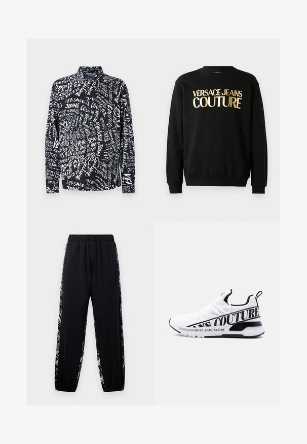Schwarzer Kapuzenpullover aus einer Baumwoll-Polyester-Mischung, versehen mit dem goldenen Druck "VERSACE JEANS COUTURE" auf der Vorderseite in einer markanten Schriftart.; Schwarzes Langarmshirt mit weißem "Versace Jeans Couture"-Schriftzug in verschiedenen Schriftarten und Größen, mit hohem Kragen und entspannter Passform.; Schwarze Jogginghose mit elastischem Bund und Bündchen, die graue und weiße Blumenmuster-Streifen entlang der Außenseiten der Beine aufweist.; Weißer Sportschuh mit schwarzen Akzenten, ausgestattet mit einem Mesh-Obermaterial, einer strukturierten Sohle und großem "Versace Jeans Couture"-Schriftzug an der Seite.