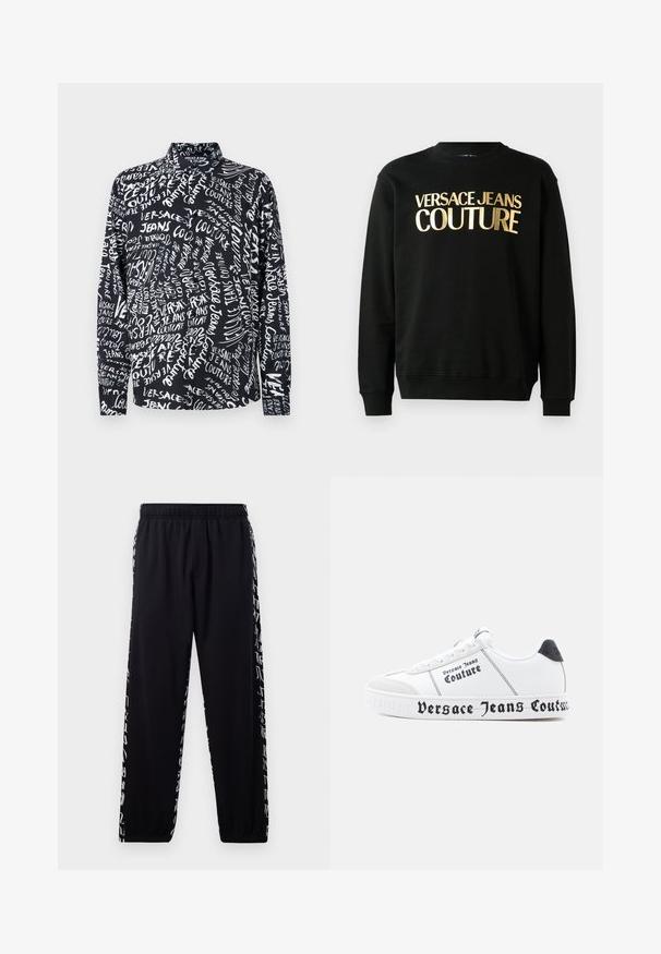 Čierna mikina vyrobená z bavlnenej a polyesterovej zmesi, s pozláteným potlačou textu "VERSACE JEANS COUTURE" na prednej strane v tučnom písme.; Čierna košeľa s dlhým rukávom s bielym textom "Versace Jeans Couture" v rôznych písmach a veľkostiach, so vysokým golierom a uvoľneným strihom.; Čierne tepláky s elastickým pásom a manžetami, s bielym abstraktným písmom na vonkajších švoch.; Biele tenisky s textúrovaným povrchom, čiernymi akcentmi a výrazným logom "Versace Jeans Couture" pozdĺž podrážky a strán.