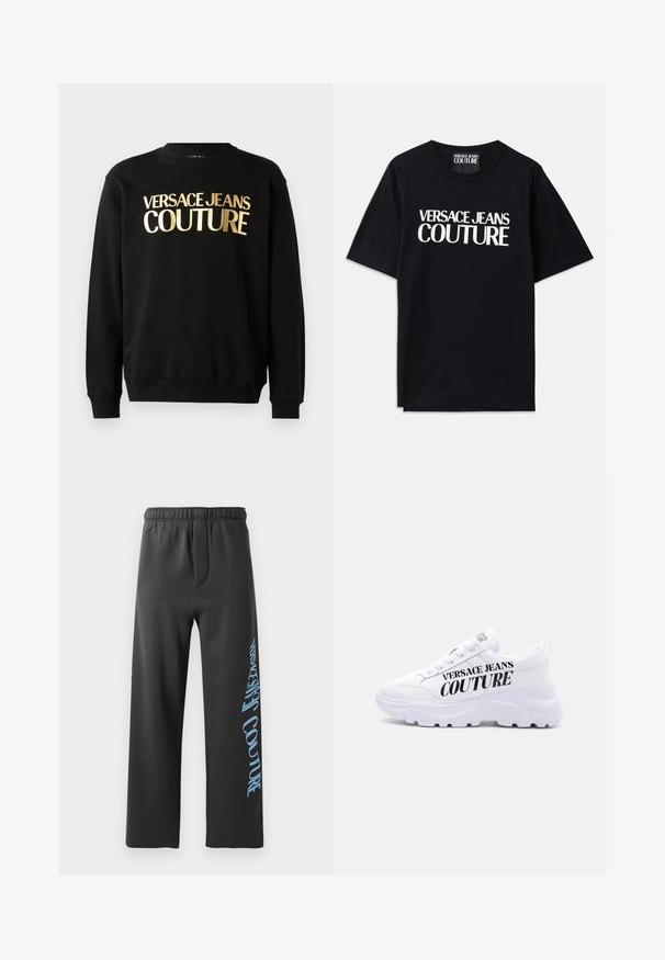 Schwarzer Kapuzenpullover aus einer Baumwoll-Polyester-Mischung, versehen mit dem goldenen Druck "VERSACE JEANS COUTURE" auf der Vorderseite in einer markanten Schriftart.; Schwarzes Baumwoll-T-Shirt mit kurzen Ärmeln, das auf der Vorderseite den großen weißen Text "VERSACE JEANS COUTURE" trägt. Klassisches Rundhalsdesign.; Schwarze Sweatpants aus weichem Material, mit lockerer Passform und elastischem Bund. Auffälliger blauer Aufdruck entlang der Seite.; Weißer klobiger Sneaker mit dicker Sohle, Schnürdesign und dem Schriftzug "Versace Jeans Couture" in fetten schwarzen Buchstaben an der Seite.