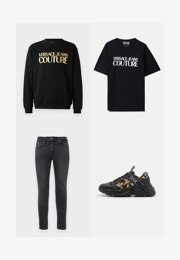 Čierna mikina vyrobená z bavlnenej a polyesterovej zmesi, s pozláteným potlačou textu "VERSACE JEANS COUTURE" na prednej strane v tučnom písme.; Čierne bavlnené tričko s krátkymi rukávmi s veľkým bielym nápisom "VERSACE JEANS COUTURE" na prednej strane. Klasický dizajn s okrúhlym výstrihom.; Slim-fit čierne denimové džínsy s piatimi vreckami a zapínaním na gombík a zips, vystavené na jednoduchom bielom pozadí.; Čierne tenisky s kvetinovými vzormi v žltej a bielej farbe, s pevnou podrážkou, textilnými a syntetickými materiálmi a detailmi s logom.