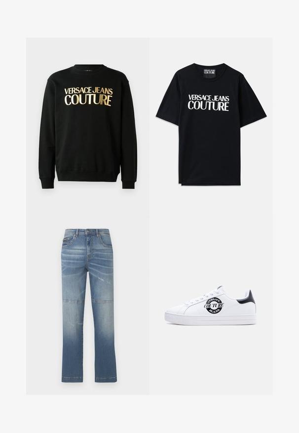 Schwarzer Kapuzenpullover aus einer Baumwoll-Polyester-Mischung, versehen mit dem goldenen Druck "VERSACE JEANS COUTURE" auf der Vorderseite in einer markanten Schriftart.; Schwarzes Baumwoll-T-Shirt mit kurzen Ärmeln, das auf der Vorderseite den großen weißen Text "VERSACE JEANS COUTURE" trägt. Klassisches Rundhalsdesign.; Helle blaue Jeans mit geradem Schnitt, die verblassene Stellen, Nähdetails und einen mittelhohen Bund aufweisen. Sie verfügen über Vorderaschen.; Weißer Sneaker mit niedrigem Schaft, schwarzem Fersenriemen, schwarzem runden "Versace Jeans Couture"-Logo an der Seite, weißen Schnürsenkeln und erhabenem Text auf der Sohle.