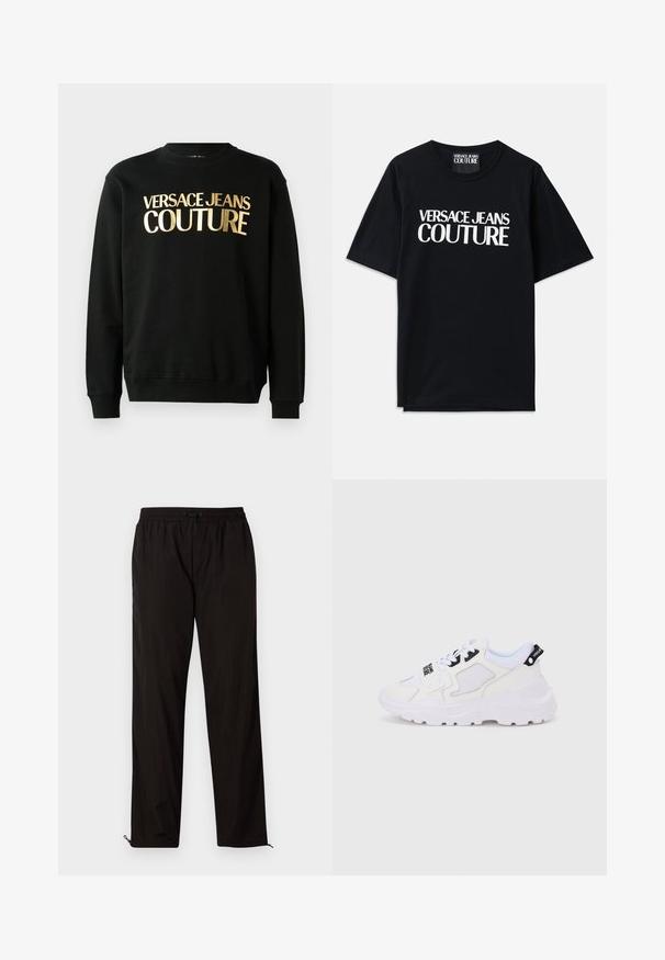Musta puuvilla-polüesterist valmistatud dressipluus, mille esiküljel on julge fontiga kuldne trükk "VERSACE JEANS COUTURE".; Mustmust värvi puuvillane T-särk lühikeste varrukatega, mille esiküljel on suur valge kiri "VERSACE JEANS COUTURE". Klassikaline ümarkaelus.; Mustad mustriga püksid elastse vöökoha, nööridega sulgemise ja reguleeritavate sääreotstega, millel on lukud. Sile ja läikiv tekstuur.; Valged spordijalatsid paksu tallaga, võrgust ja sünteetilisest materjalist pealsed, mustad detailid ja paelad. Tekstureeritud disain ja logo kandadel.