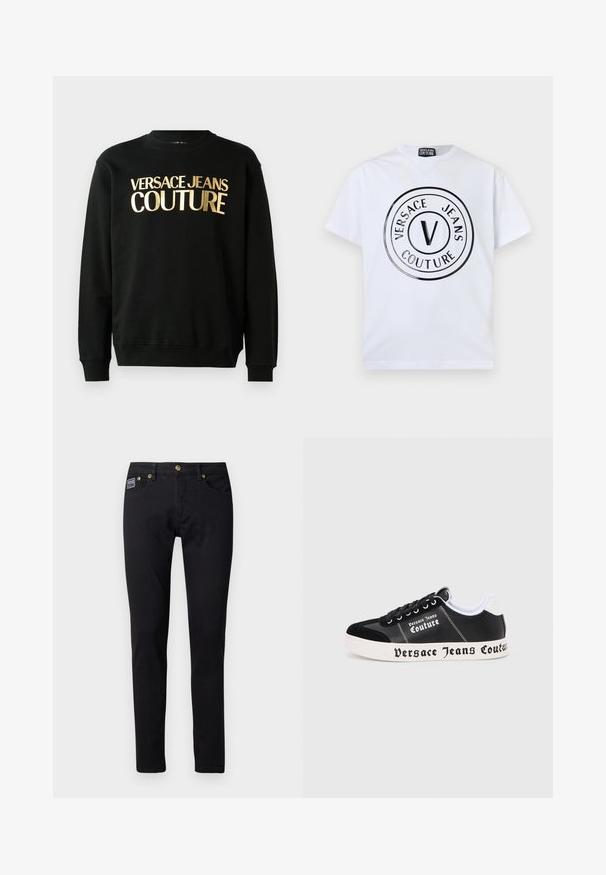 Schwarzer Kapuzenpullover aus einer Baumwoll-Polyester-Mischung, versehen mit dem goldenen Druck "VERSACE JEANS COUTURE" auf der Vorderseite in einer markanten Schriftart.; Weißes T-Shirt mit kurzen Ärmeln und schwarzem, rundem Versace Jeans Couture Logo mit dem Buchstaben "V" in der Mitte auf der Vorderseite.; Schwarze Denim-Jeans mit schlanker Passform, ausgestattet mit goldfarbenen Hardware-Elementen, fünf Taschen und einem kleinen Markenlabel an der rechten Tasche.; Schwarzer Sneaker mit niedrigem Schnitt und weißer Sohle, auf der Seite und der Sohle mit dem Schriftzug "Versace Jeans Couture", schwarzen Schnürsenkeln und weißem Fersenbesatz.