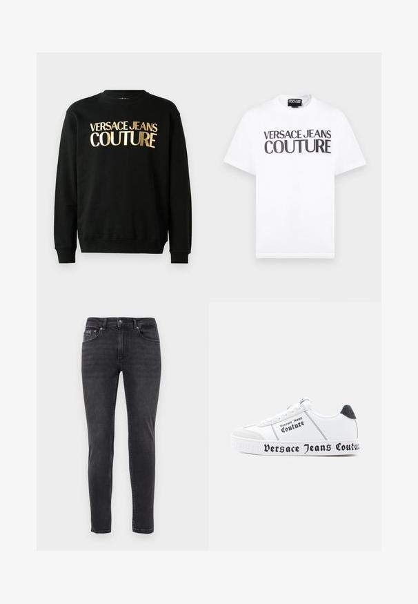 Sudadera negra hecha de una mezcla de algodón y poliéster, con texto impreso en dorado "VERSACE JEANS COUTURE" en el frontal en una fuente en negrita.; Camiseta blanca de manga corta con texto negro "VERSACE JEANS COUTURE" en el pecho y una pequeña etiqueta de la marca en el interior del cuello.; Jeans de denim negros ajustados con cinco bolsillos y cierre de botón y cremallera, exhibidos sobre un fondo blanco liso.; Zapatillas blancas con una superficie texturizada, acentos negros y una marca llamativa "Versace Jeans Couture" a lo largo de la suela y los laterales.