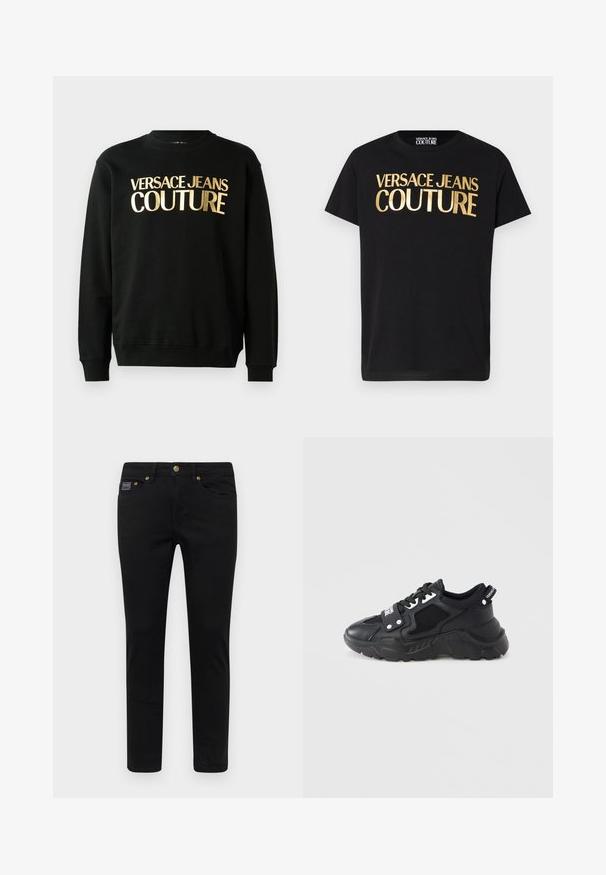 Schwarzer Kapuzenpullover aus einer Baumwoll-Polyester-Mischung, versehen mit dem goldenen Druck "VERSACE JEANS COUTURE" auf der Vorderseite in einer markanten Schriftart.; Schwarzes kurzärmeliges T-Shirt mit großem metallisch goldfarbenem "Versace Jeans Couture" Schriftzug auf der Vorderseite und einem runden Ausschnitt.; Schwarze Jeanshose mit schmaler Passform, ausgestattet mit einem Knopfverschluss, fünf Taschen und goldenen Hardware-Details. Der Stoff ist glatt und hat ein einfarbiges Design.; Schwarzer Sneaker mit klobiger Sohle, der Mesh-Einsätze und Lederakzente aufweist. Enthält weiße Schnürsenkel und Branding an der Seite.