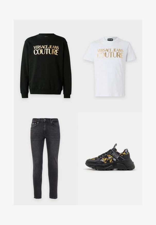 Sudadera negra hecha de una mezcla de algodón y poliéster, con texto impreso en dorado "VERSACE JEANS COUTURE" en el frontal en una fuente en negrita.; Camiseta de algodón blanca con llamativos letreros en dorado que dicen "VERSACE JEANS COUTURE" en la parte frontal. Cuello redondo y mangas cortas.; Jeans de denim negros ajustados con cinco bolsillos y cierre de botón y cremallera, exhibidos sobre un fondo blanco liso.; Zapatillas negras con patrones florales en amarillo y blanco, con una suela resistente, materiales textiles y sintéticos, y detalles de logotipo.