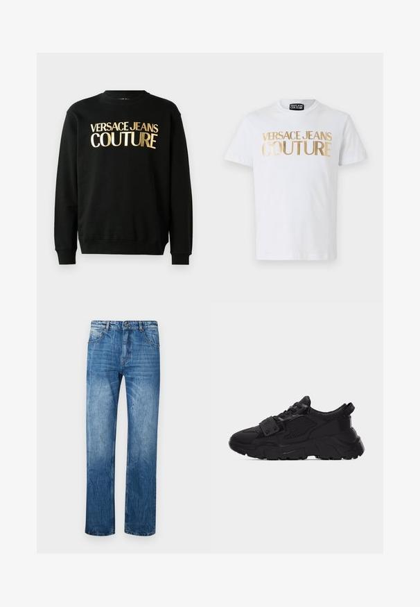 Sort sweatshirt lavet af en blanding af bomuld og polyester, med gyldent trykt tekst "VERSACE JEANS COUTURE" på forsiden i en fed skrifttype.; Hvid bomulds t-shirt med fedt guld "VERSACE JEANS COUTURE" tekst på fronten. Rund hals og korte ærmer.; Blå denim jeans med lige fit, der har fem lommer, bæltestropper og subtilt slid på stoffet.; Sort chunky sneaker med mesh- og læderpaneler, tyk tekstureret sål, snørelukning foran og en strop med metalnitter over snørebåndene.