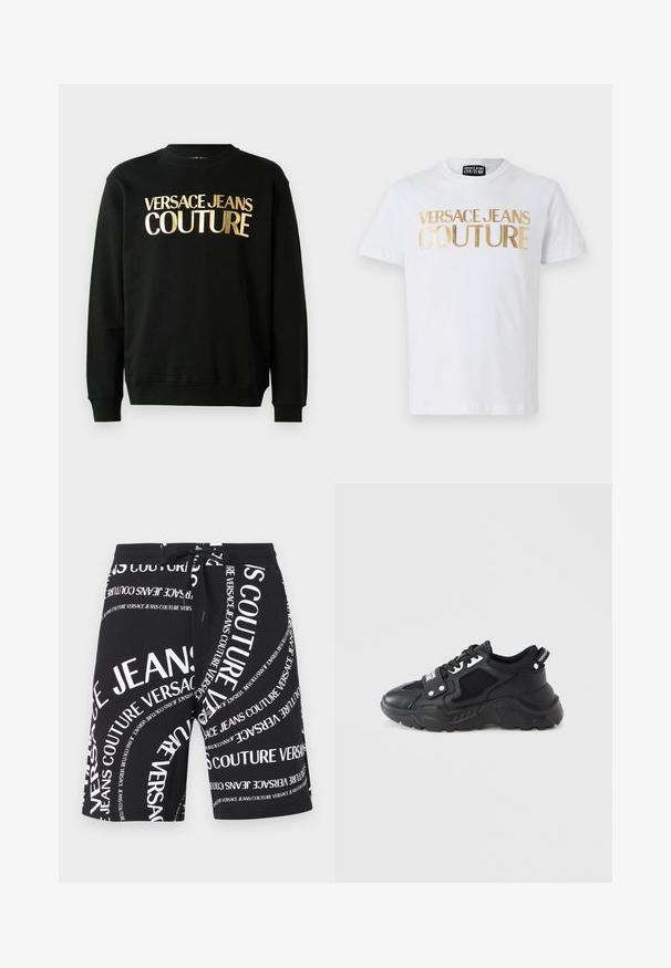 Sweatshirt noir en mélange de coton et de polyester, avec un texte imprimé en or "VERSACE JEANS COUTURE" sur le devant dans une police en gras.; T-shirt en coton blanc avec un lettrage doré en gras "VERSACE JEANS COUTURE" sur le devant. Col rond et manches courtes.; Shorts noirs à cordon avec texte blanc "Versace Jeans Couture" dispersé en différentes tailles et orientations.; Baskets noires à semelle épaisse, avec des panneaux en mesh et des accents en cuir. Comprennent des lacets blancs et un logo sur le côté.