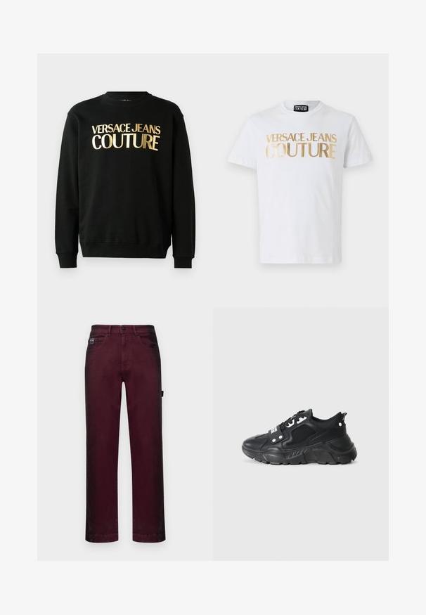 Sort sweatshirt lavet af en blanding af bomuld og polyester, med gyldent trykt tekst "VERSACE JEANS COUTURE" på forsiden i en fed skrifttype.; Hvid bomulds t-shirt med fedt guld "VERSACE JEANS COUTURE" tekst på fronten. Rund hals og korte ærmer.; Bordeaux denimbukser med lige pasform, fem lommer, metalknaplukning og bæltestropper til justerbar størrelse.; Sort atletisk sneaker med en tekstureret mesh-panel, tykk gummisål, kontrasterende accenter og snørelukning. Har en bageste trækstrop.