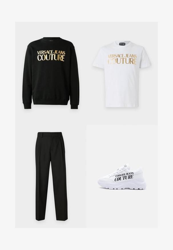 Zwarte sweatshirt van een katoen-polyestermix met gouden bedrukt tekst "VERSACE JEANS COUTURE" op de voorkant in een vetgedrukt lettertype.; Witte katoenen t-shirt met grote gouden "VERSACE JEANS COUTURE" letters op de voorkant. Ronde hals en korte mouwen.; Zwarte op maat gemaakte broek van gladde stof. Kenmerkt zich door een rechte pijp, een enkele knoopsluiting en riemlussen. Geen zichtbare patronen of accenten.; Witte chunky sneaker met dikke zool, veterdesign en "Versace Jeans Couture" in dikke zwarte letters aan de zijkant gedrukt.