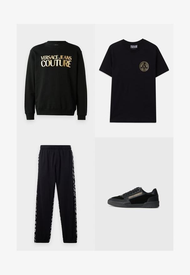 Sort sweatshirt lavet af en blanding af bomuld og polyester, med gyldent trykt tekst "VERSACE JEANS COUTURE" på forsiden i en fed skrifttype.; Sort bomulds t-shirt med rund halsudskæring og korte ærmer. Har et guld cirkulært logo på venstre bryst. Enkel, udekoreret design.; Sorte sweatpants med elastisk talje og manchetter, prydet med hvidt abstrakt skriftprint langs de ydre sidesømme.; Sort sneakers med en glat læderfinish og suede-detaljer. Har et low-top design, snørebånd og guldlogo-detaljer på siden.
