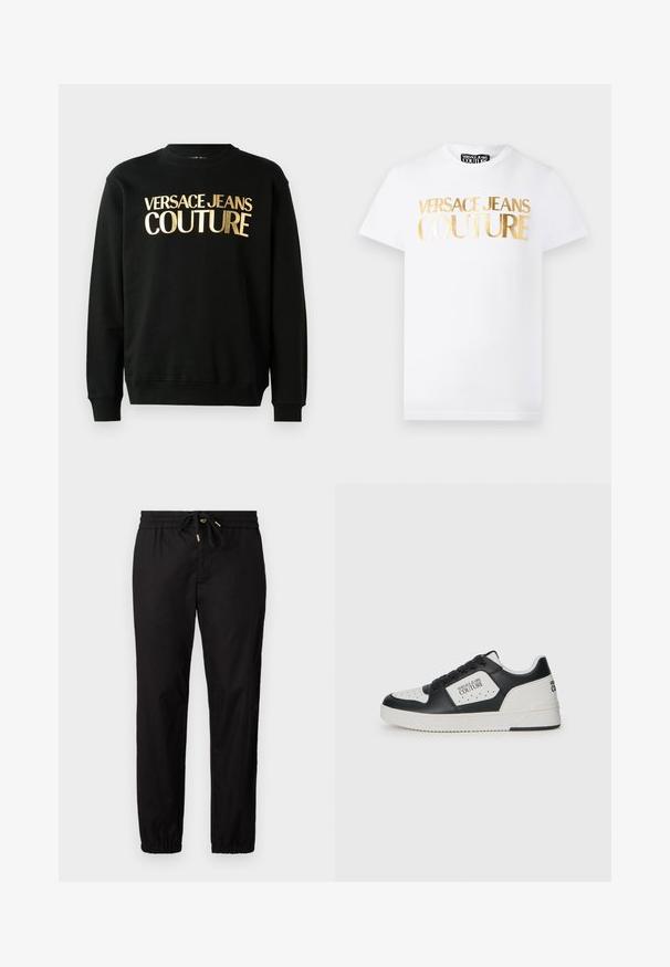 Schwarzer Kapuzenpullover aus einer Baumwoll-Polyester-Mischung, versehen mit dem goldenen Druck "VERSACE JEANS COUTURE" auf der Vorderseite in einer markanten Schriftart.; Weißes T-Shirt mit kurzen Ärmeln, vorne mit goldmetallischem Schriftzug "Versace Jeans Couture" und Rundhalsausschnitt.; Schwarze Hose mit einem elastischen Bund und Kordelzug. Hat schmal zulaufende Beine mit elastischen Bündchen. Glattes, leichtes Material.; Schwarzer und weißer Sneaker mit einem glatten Lederobermaterial, durchlöcherter Zehenbox, kontrastierendem weißen Element und Logodetails an der Seite und Ferse.